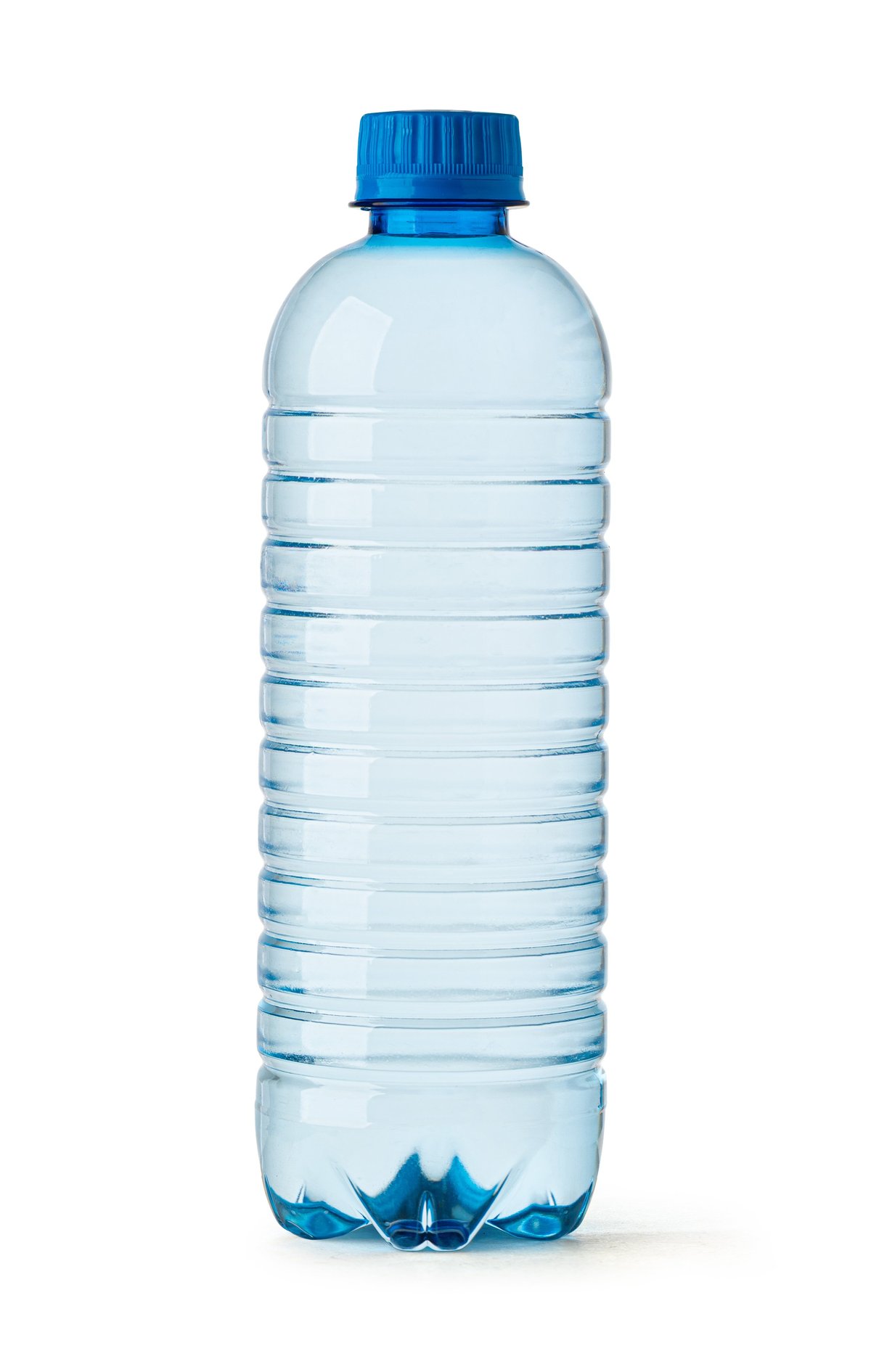 Studio shot of refreshing water in a plastic bottle with blue cap, promoting hydration and purity