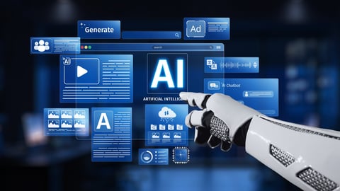 AI robots and chatbots in front of screens