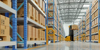 Modern logistics warehouse with tall shelves and pallets for maximum distribution capacity