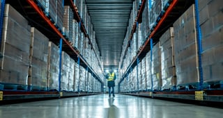 Cold storage warehouse aisle filled with stacked pallets for multi-zone distribution