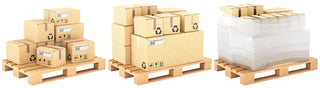 Three pallets with boxed products showing packaging stages