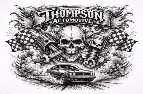 Thompson Automotive logo with skull, checkered flags, engine pistons, and muscle car in black and white detailed illustration